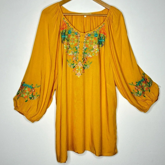 C&C California Blouse Top Women Size 1X Embroidered Floral Peasant Mustard - Picture 10 of 10
